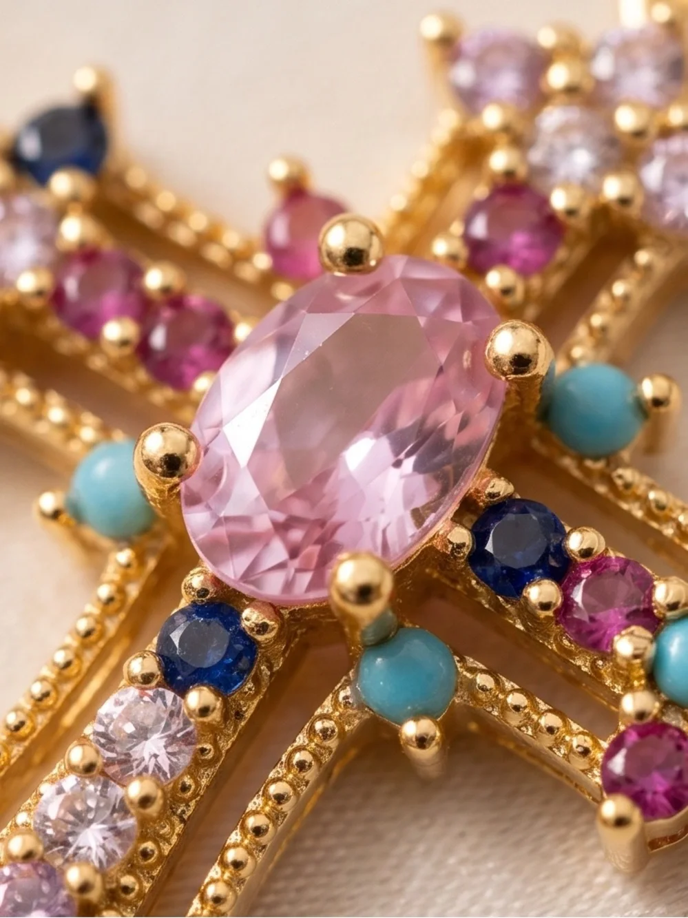 Gold Multicolor Cross Pendant Necklace - Pink Center Gem adjustable